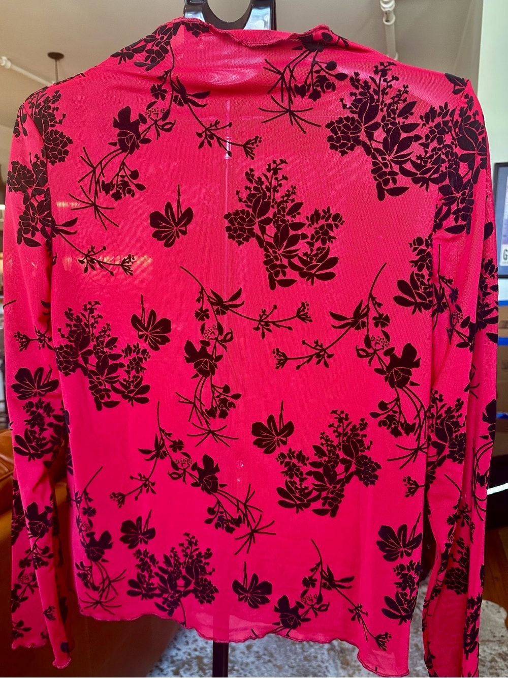 Women’s Flocked Sheer Mesh Top Wine Red
